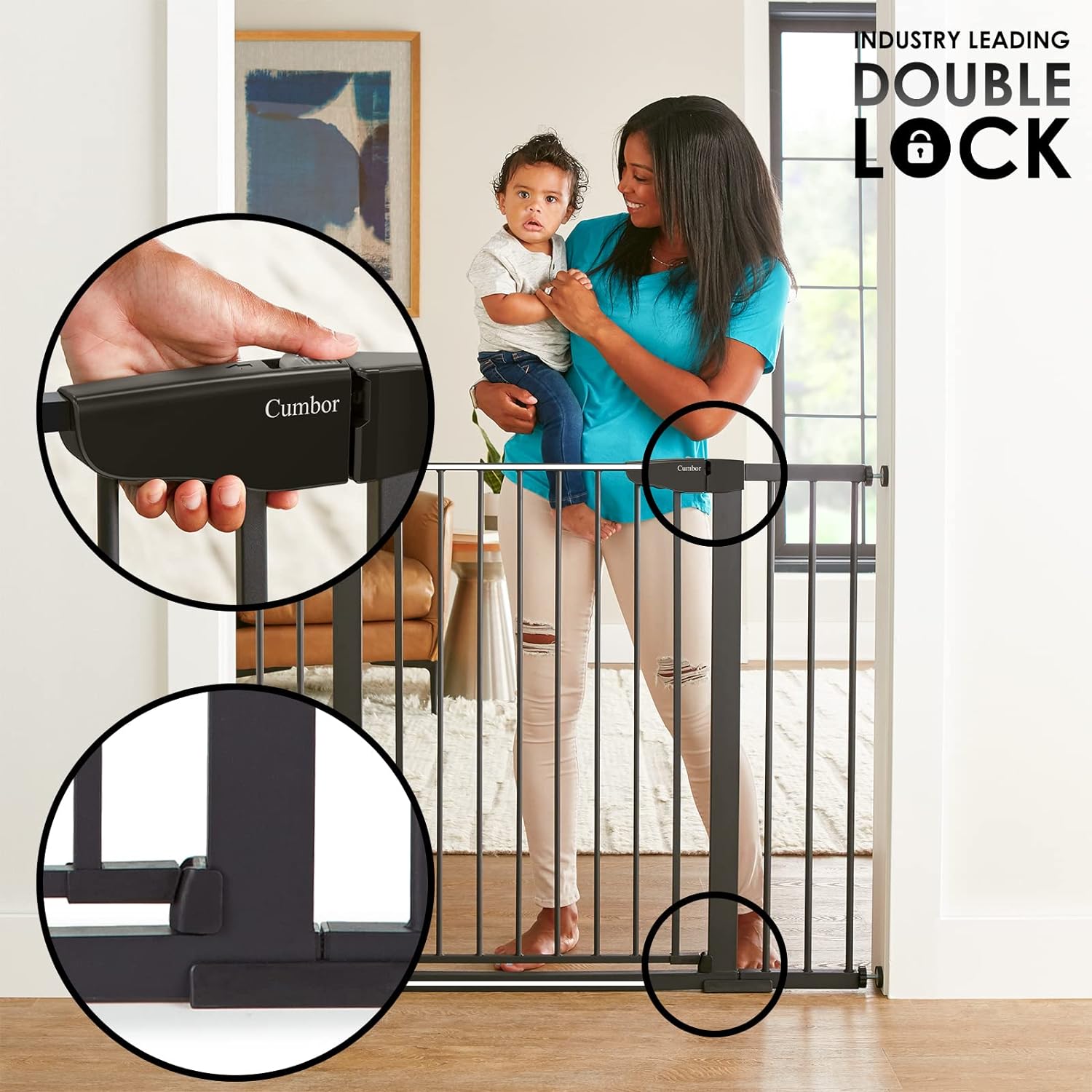 Mom's Choice Awards Winner-Cumbor 29.5-46" Auto Close Baby Gate for Stairs, Easy Install Pressure/Hardware Mounted Dog Gates for The House Indoor, Easy Walk Thru Wide Safety Pet Gates for Dogs, White - Image 4